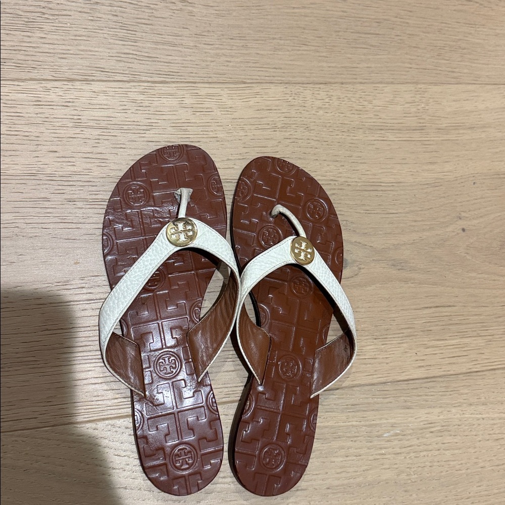 Tory Burch Tan and Cream Flip Flops